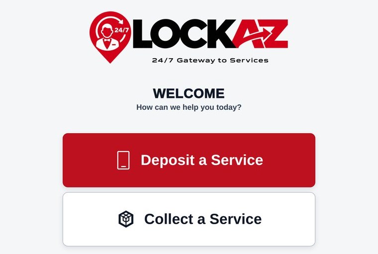 The LOCKAZ welcome screen: customers choose to deposit or collect, and serve themselves